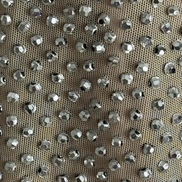 CACHE Studded Sparkle Caviar Beaded Blouson Mini Dress Size 8 Party Nude Silver - Picture 8 of 8